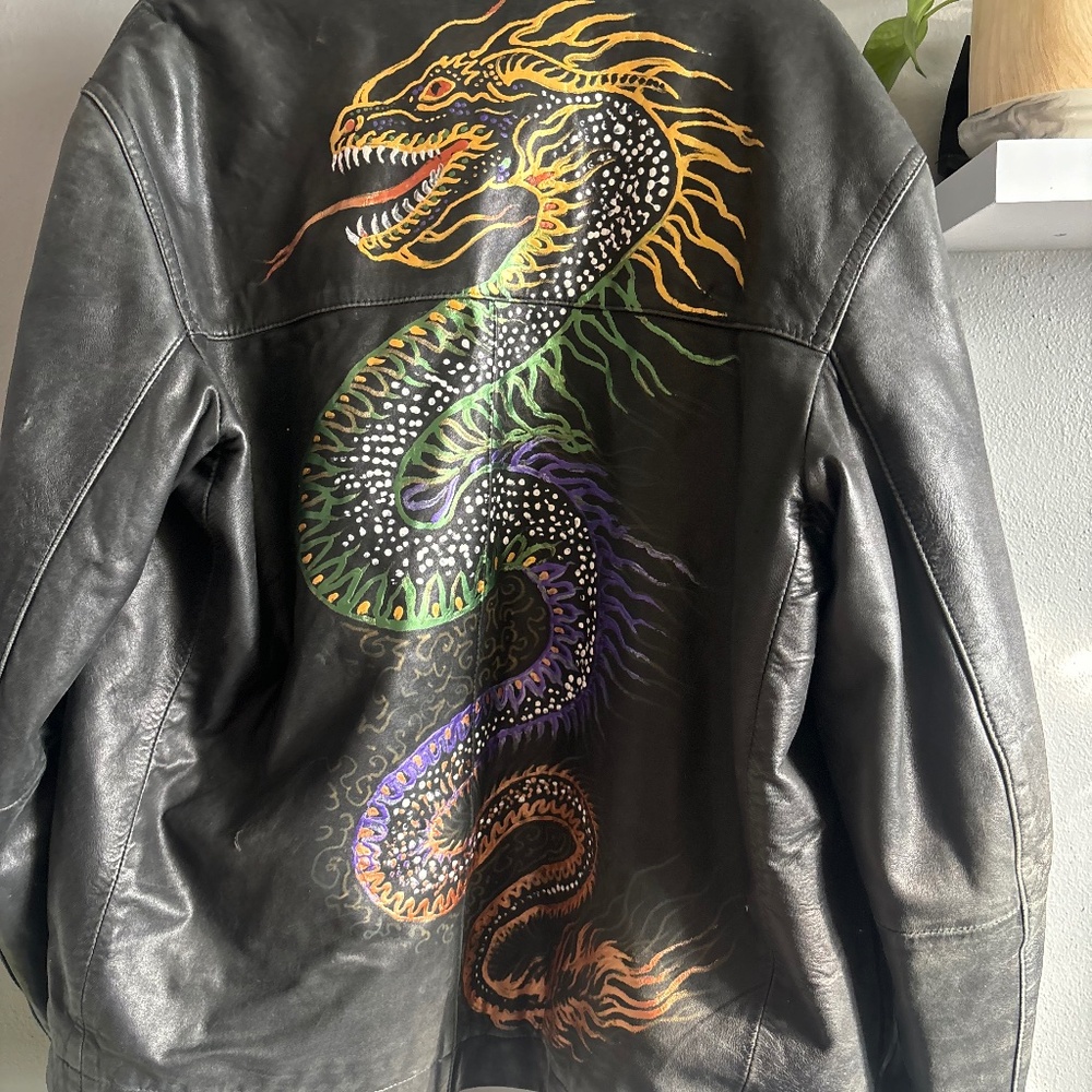 Vintage Claiborne Black Leather Motorcycle Jacket Size Large Dragon Back